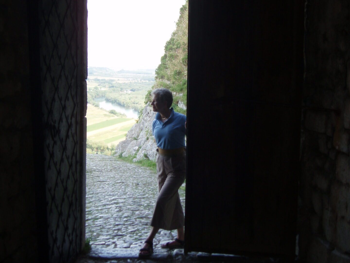 Woman gazing outside through open door