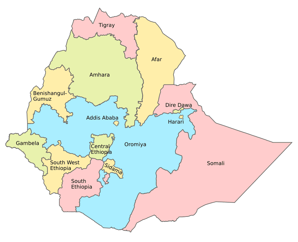 Map showing 2023 administrative divisions of Ethiopia into ethnically-based Regional States, with Gambela at extreme southwest.
